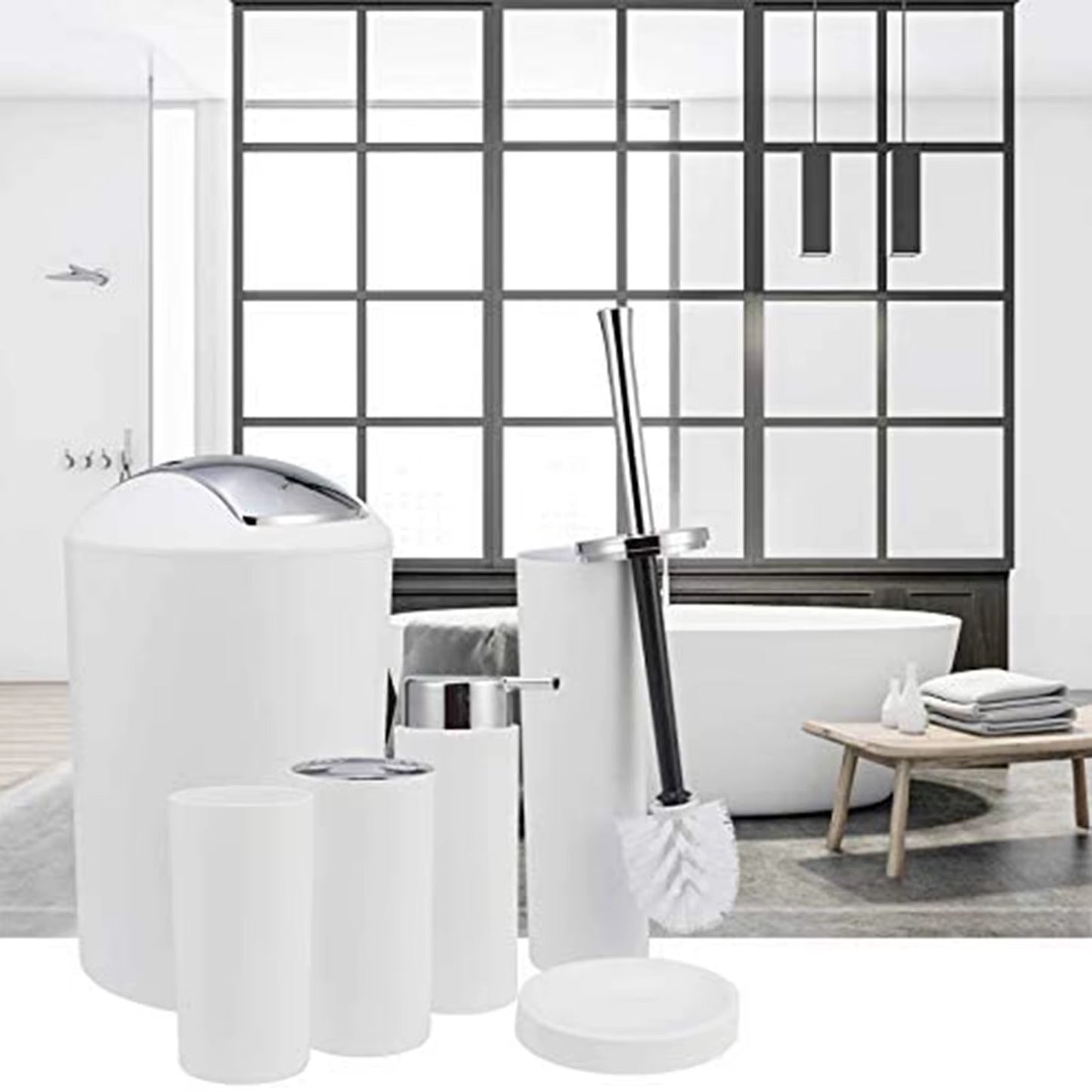 6Pcs Bathroom Accessories Set Bath Ensemble Soap Dish Trash Can Toilet Brush Necessities Kit to Keep Your Bathroom Clean