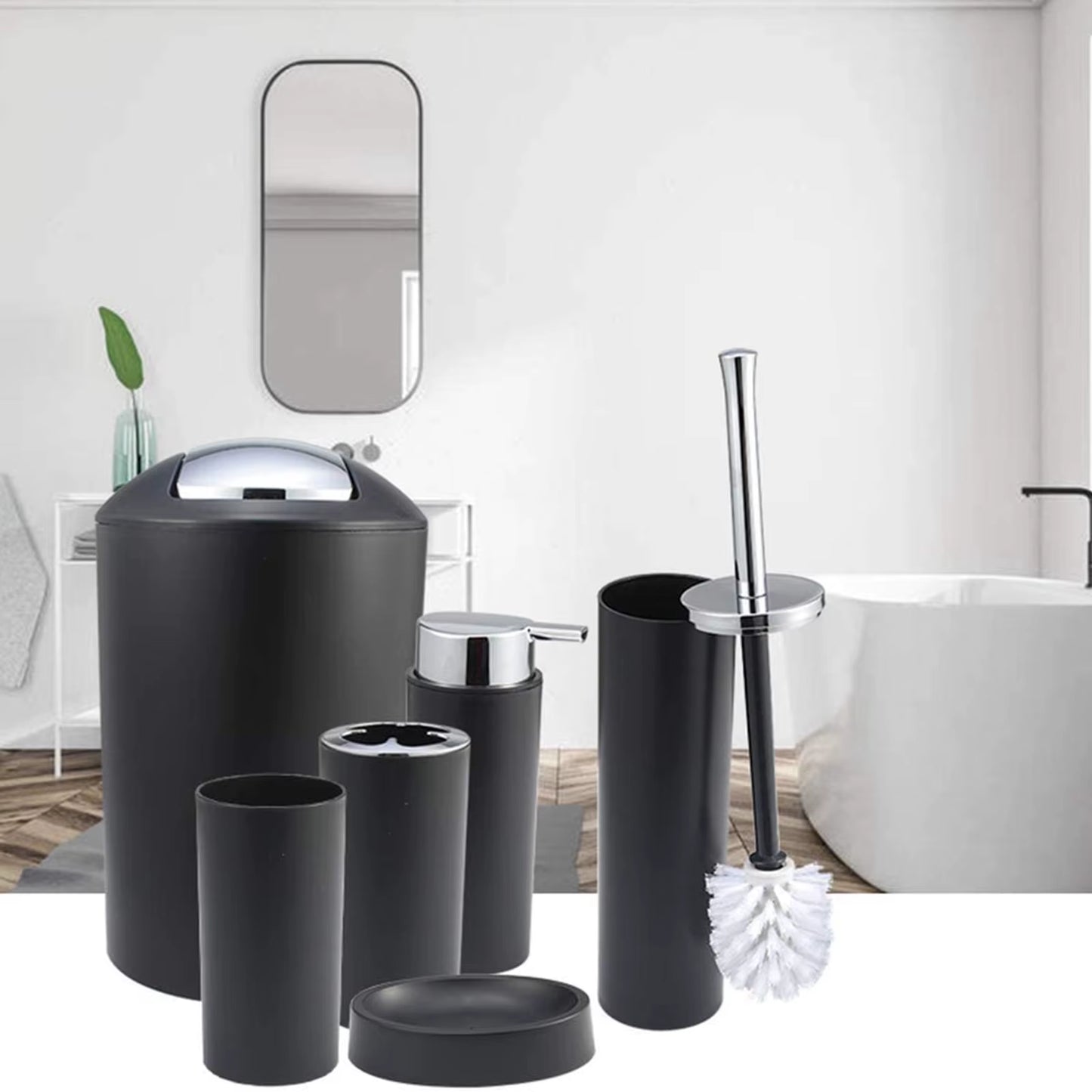 6Pcs Bathroom Accessories Set Bath Ensemble Soap Dish Trash Can Toilet Brush Necessities Kit to Keep Your Bathroom Clean